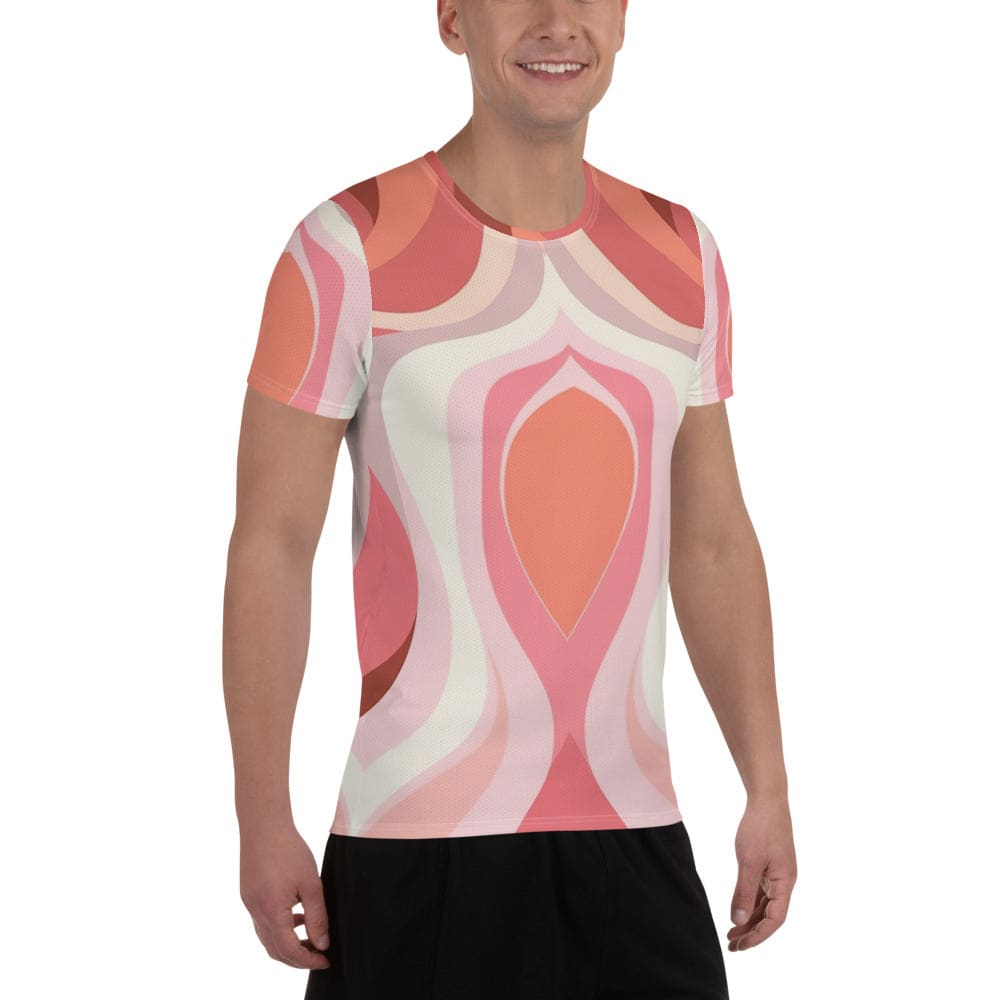 Mens Stretch Fit Athletic Sports T-shirt - Pink White Boho Swirl Lines