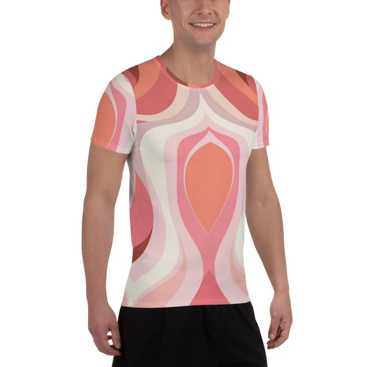 Mens Stretch Fit Athletic Sports T-shirt - Pink White Boho Swirl Lines