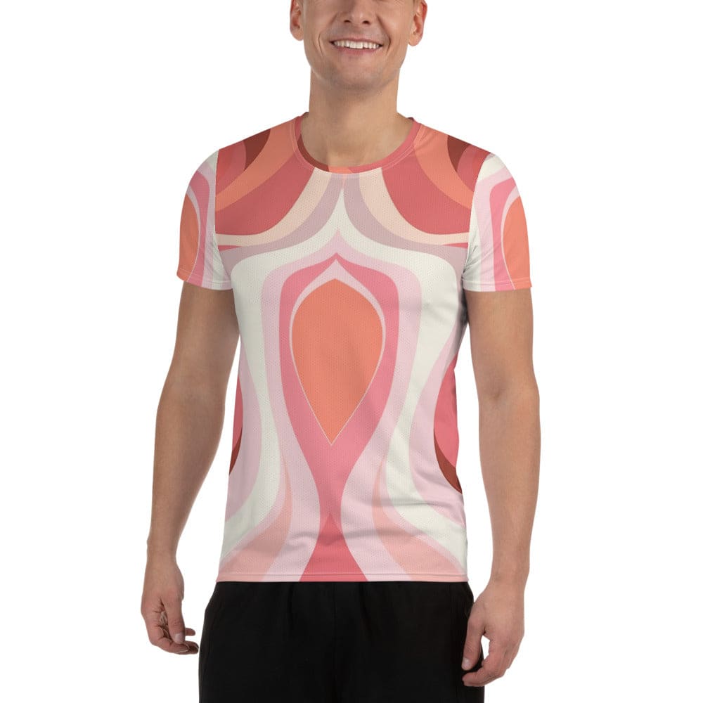 Mens Stretch Fit Athletic Sports T-shirt - Pink White Boho Swirl Lines