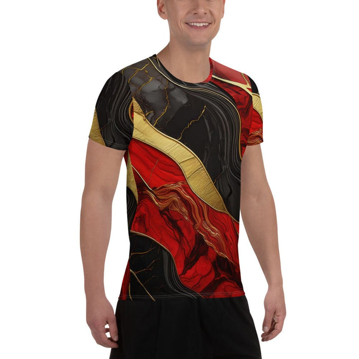 Mens Stretch Fit Athletic Sports T-shirt - Brick Red Pattern Black