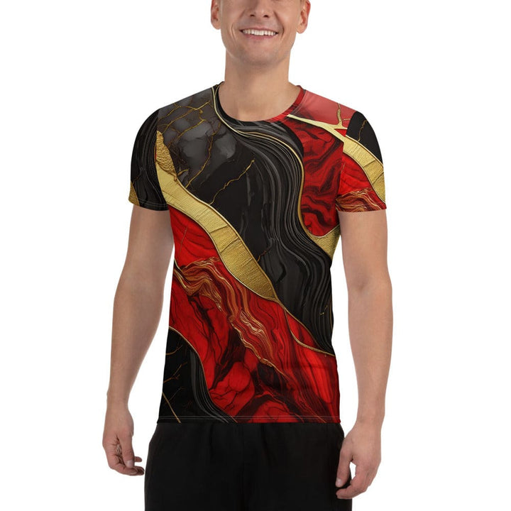 Mens Stretch Fit Athletic Sports T-shirt - Brick Red Pattern Black