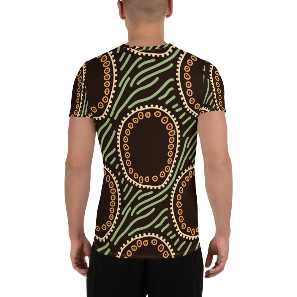 Mens Stretch Fit Athletic Sports T-shirt - Brown Green Geometric Lines