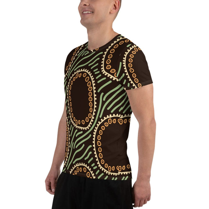 Mens Stretch Fit Athletic Sports T-shirt - Brown Green Geometric Lines