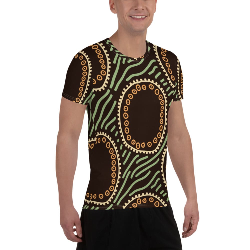 Mens Stretch Fit Athletic Sports T-shirt - Brown Green Geometric Lines
