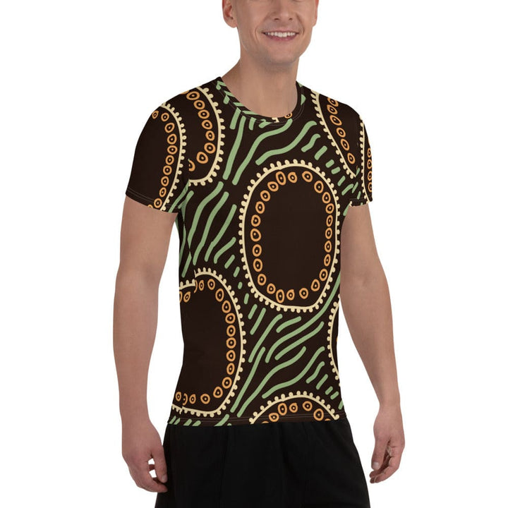 Mens Stretch Fit Athletic Sports T-shirt - Brown Green Geometric Lines