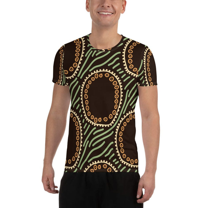 Mens Stretch Fit Athletic Sports T-shirt - Brown Green Geometric Lines