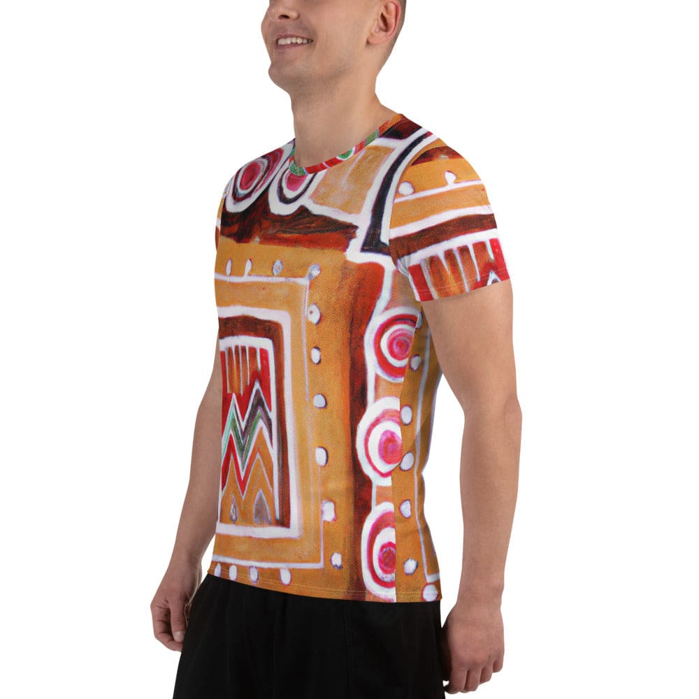 Mens Stretch Fit Athletic Sports T-shirt - Brown Orange Green Aztec