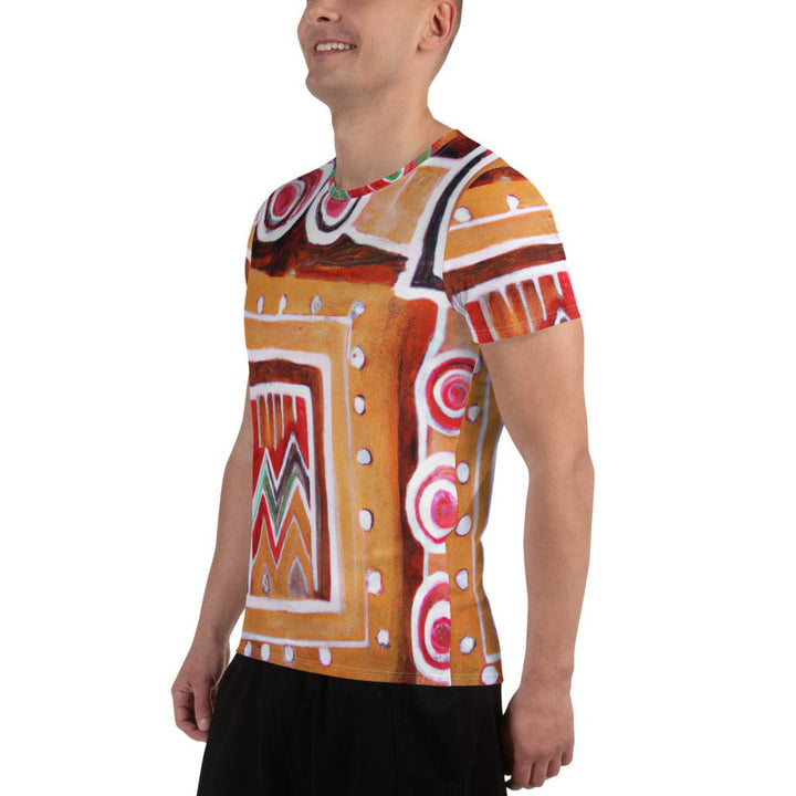 Mens Stretch Fit Athletic Sports T-shirt - Brown Orange Green Aztec