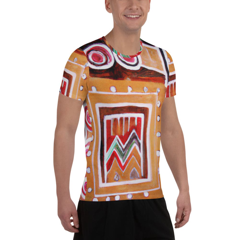 Mens Stretch Fit Athletic Sports T-shirt - Brown Orange Green Aztec