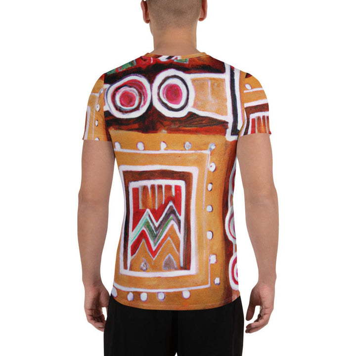 Mens Stretch Fit Athletic Sports T-shirt - Brown Orange Green Aztec