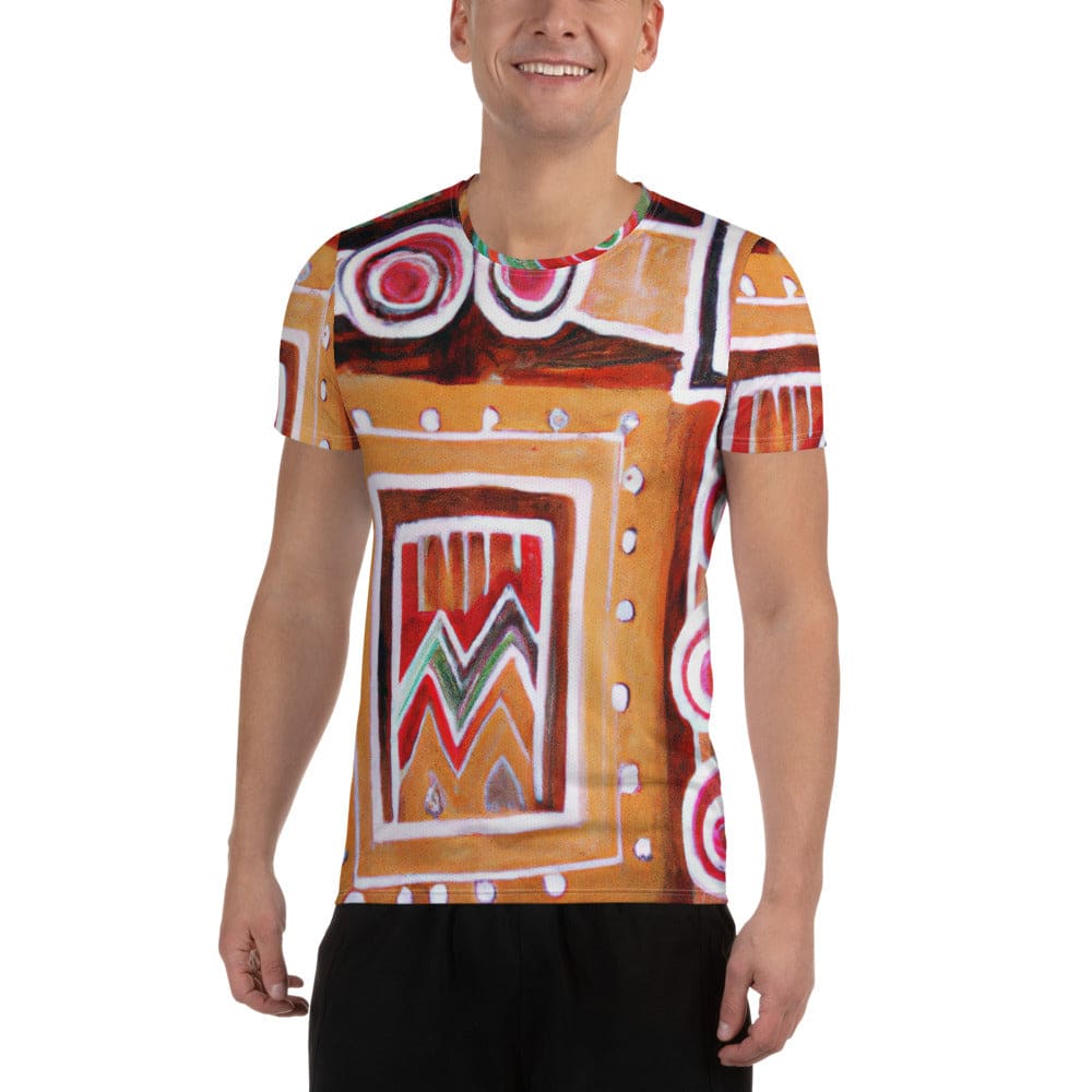 Mens Stretch Fit Athletic Sports T-shirt - Brown Orange Green Aztec