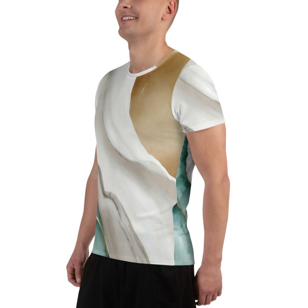 Mens Stretch Fit Athletic Sports T-shirt - Cream White Green Marbled
