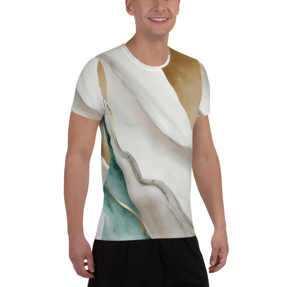 Mens Stretch Fit Athletic Sports T-shirt - Cream White Green Marbled