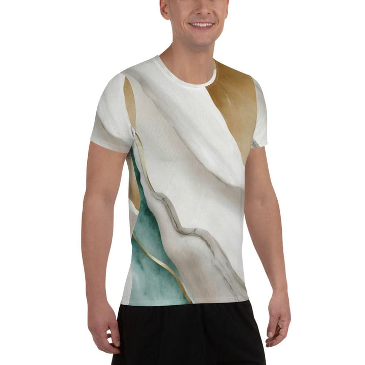 Mens Stretch Fit Athletic Sports T-shirt - Cream White Green Marbled