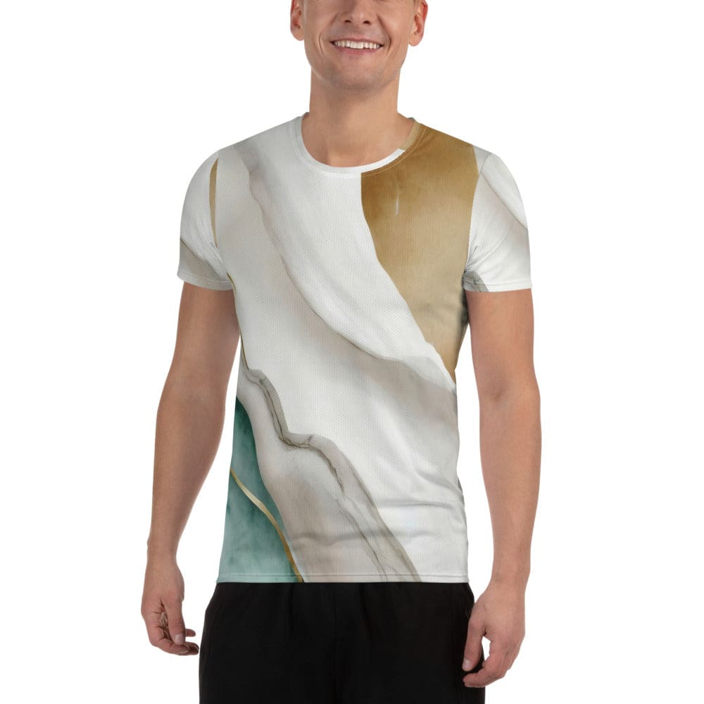 Mens Stretch Fit Athletic Sports T-shirt - Cream White Green Marbled