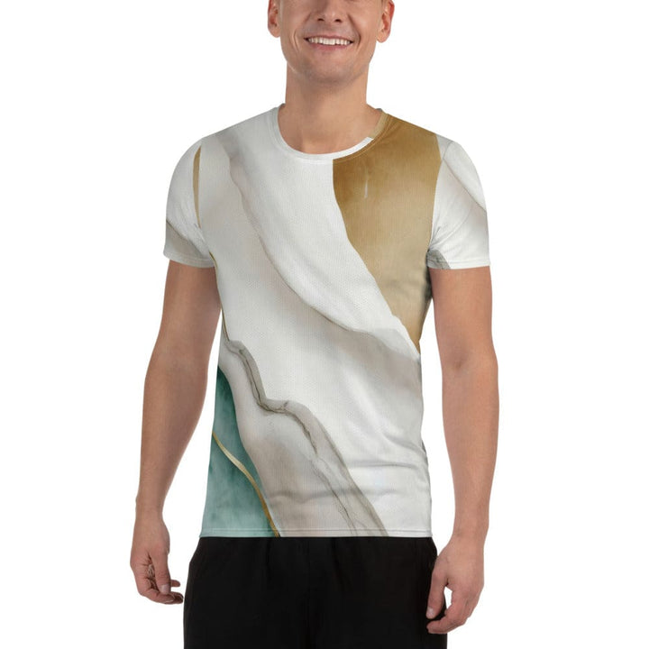 Mens Stretch Fit Athletic Sports T-shirt - Cream White Green Marbled