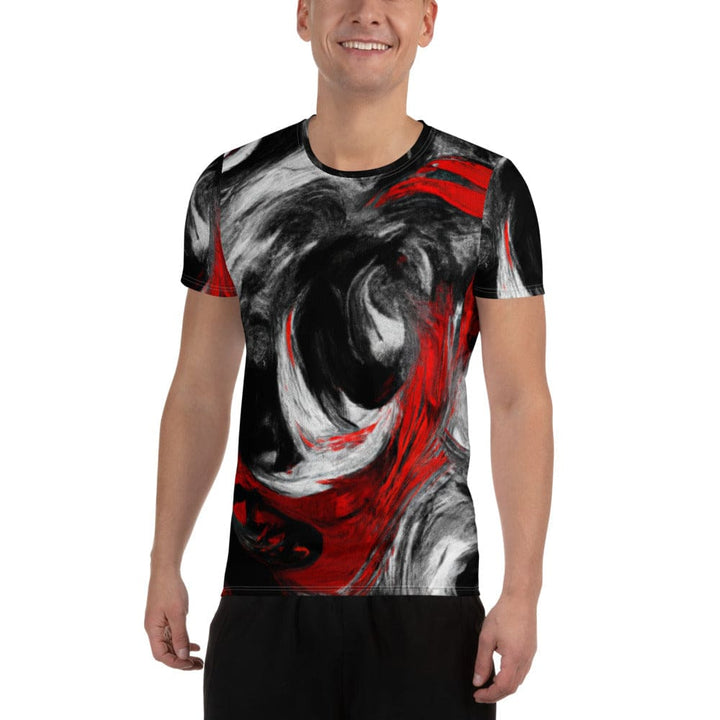 Mens Stretch Fit Athletic Sports T-shirt - Decorative Black Red White