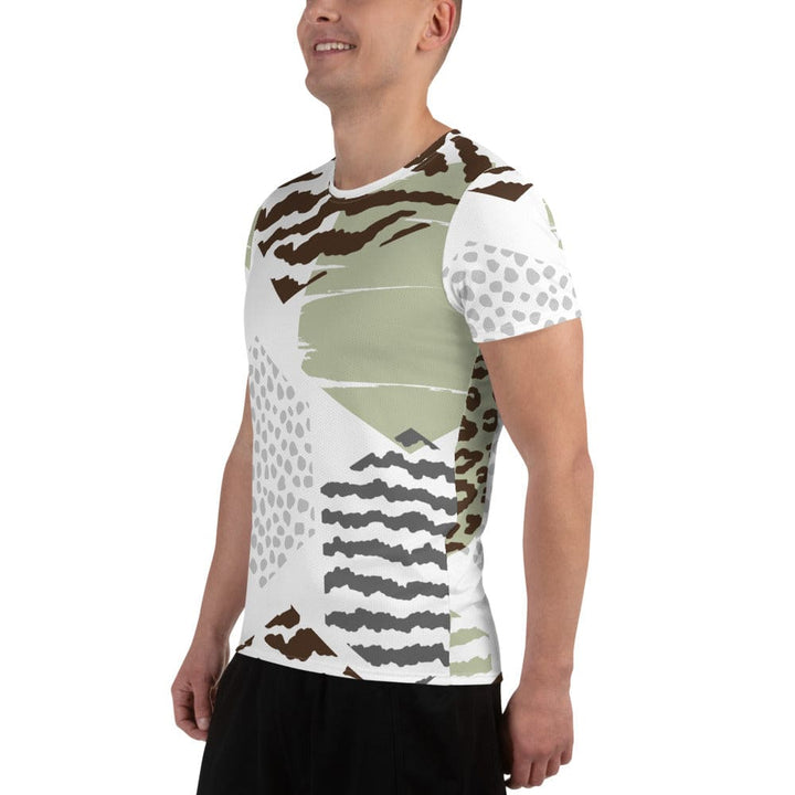 Mens Stretch Fit Athletic Sports T-shirt - Brown Green Grey Geometric