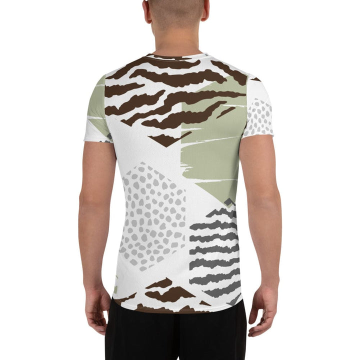 Mens Stretch Fit Athletic Sports T-shirt - Brown Green Grey Geometric