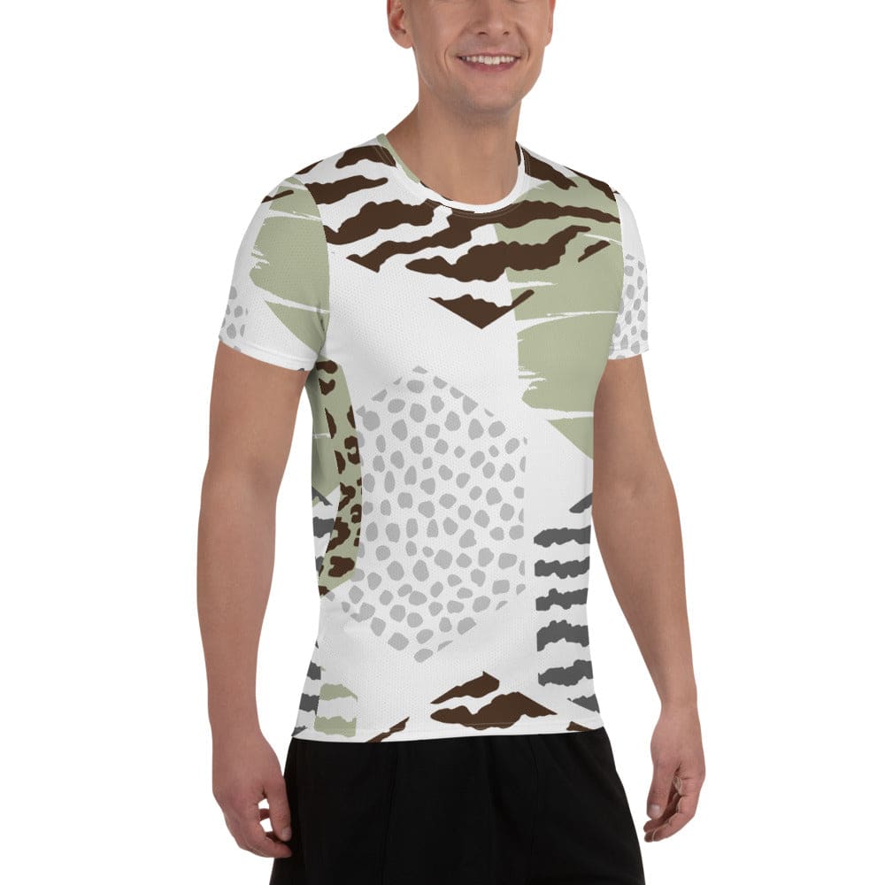 Mens Stretch Fit Athletic Sports T-shirt - Brown Green Grey Geometric