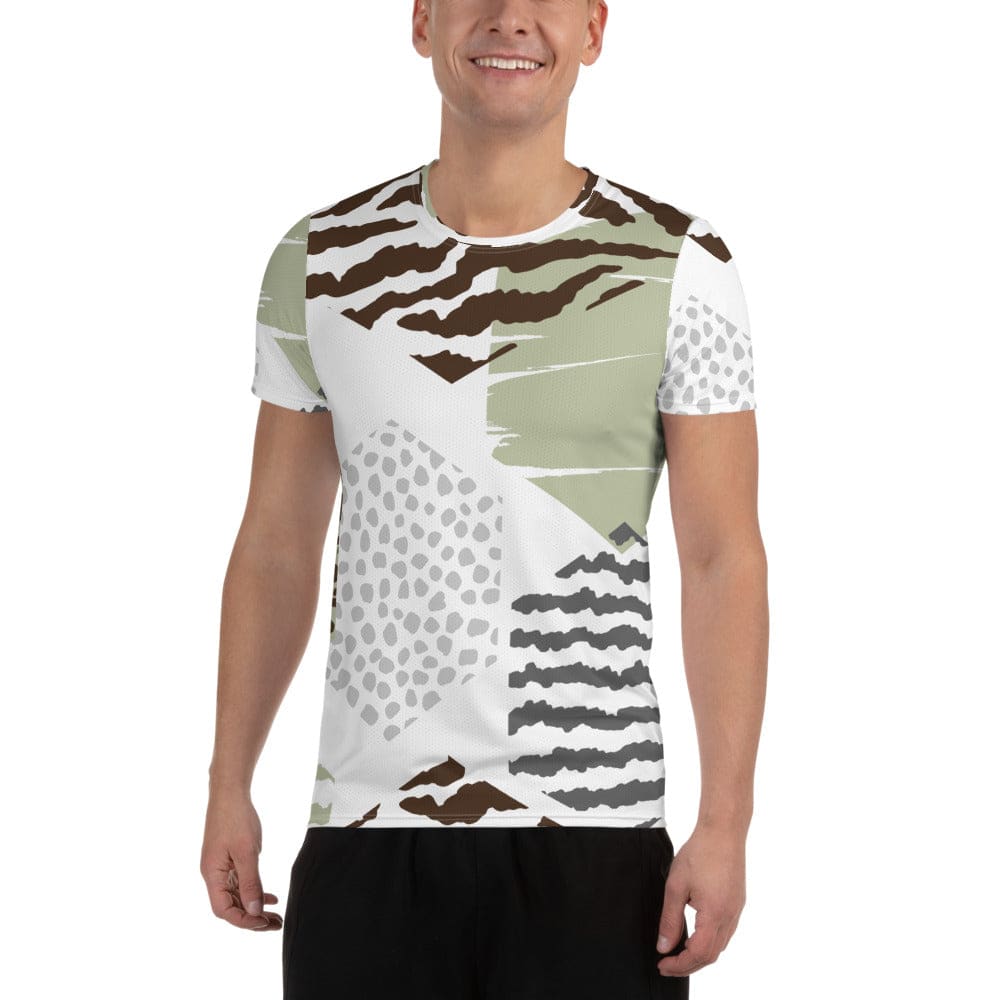Mens Stretch Fit Athletic Sports T-shirt - Brown Green Grey Geometric