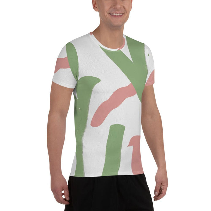 Mens Stretch Fit Athletic Sports T-shirt - Green Mauve Abstract Brush