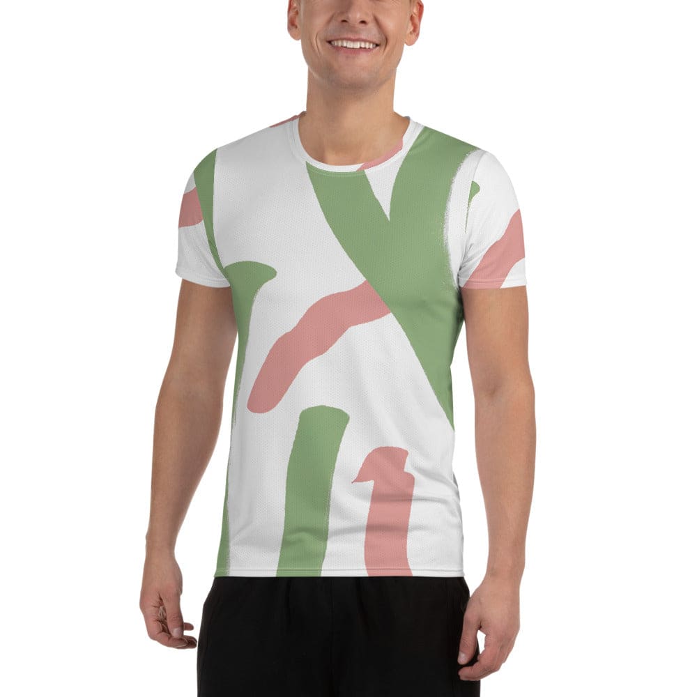Mens Stretch Fit Athletic Sports T-shirt - Green Mauve Abstract Brush
