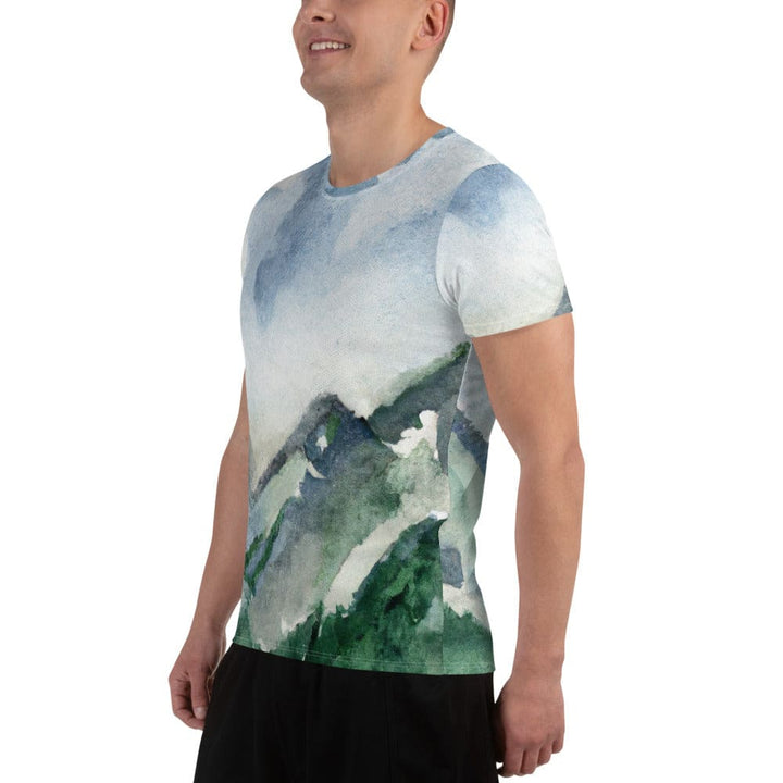 Mens Stretch Fit Athletic Sports T-shirt - Green Mountainside Nature