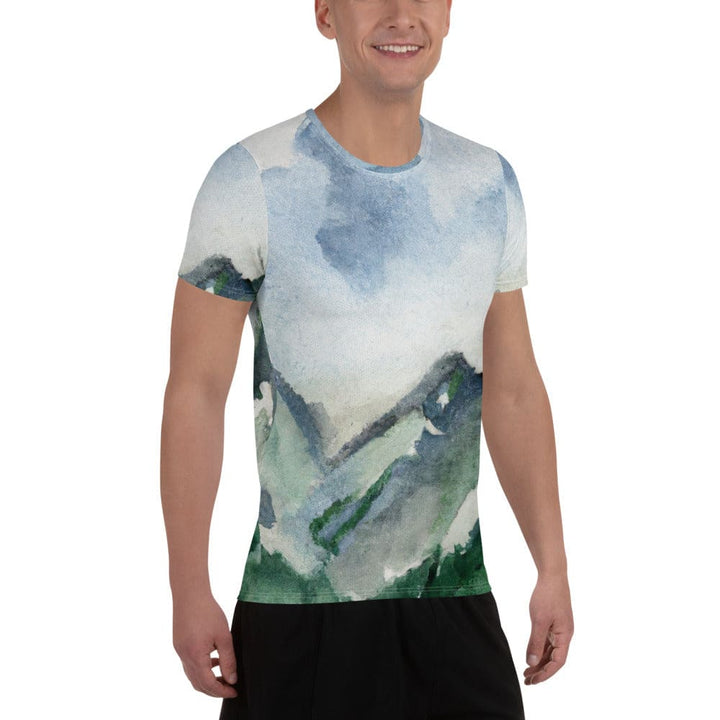 Mens Stretch Fit Athletic Sports T-shirt - Green Mountainside Nature
