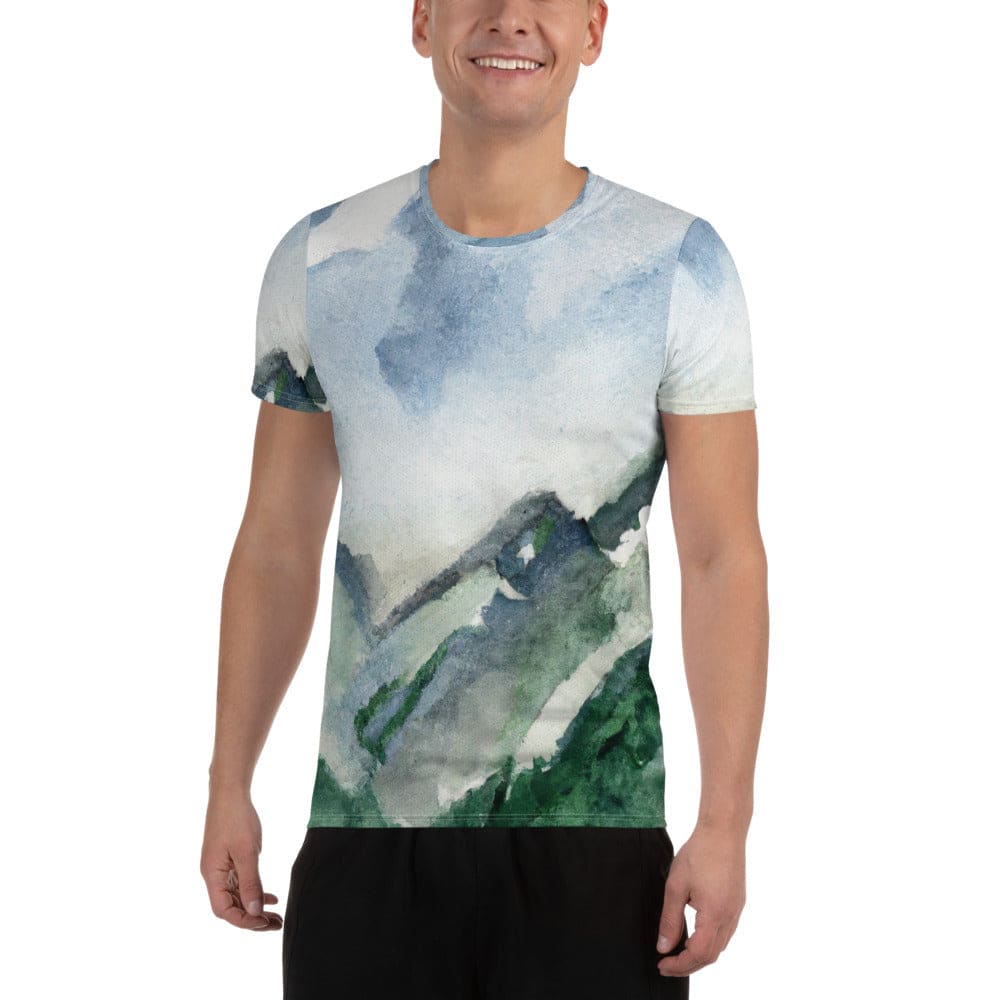 Mens Stretch Fit Athletic Sports T-shirt - Green Mountainside Nature