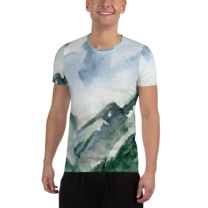 Mens Stretch Fit Athletic Sports T-shirt - Green Mountainside Nature