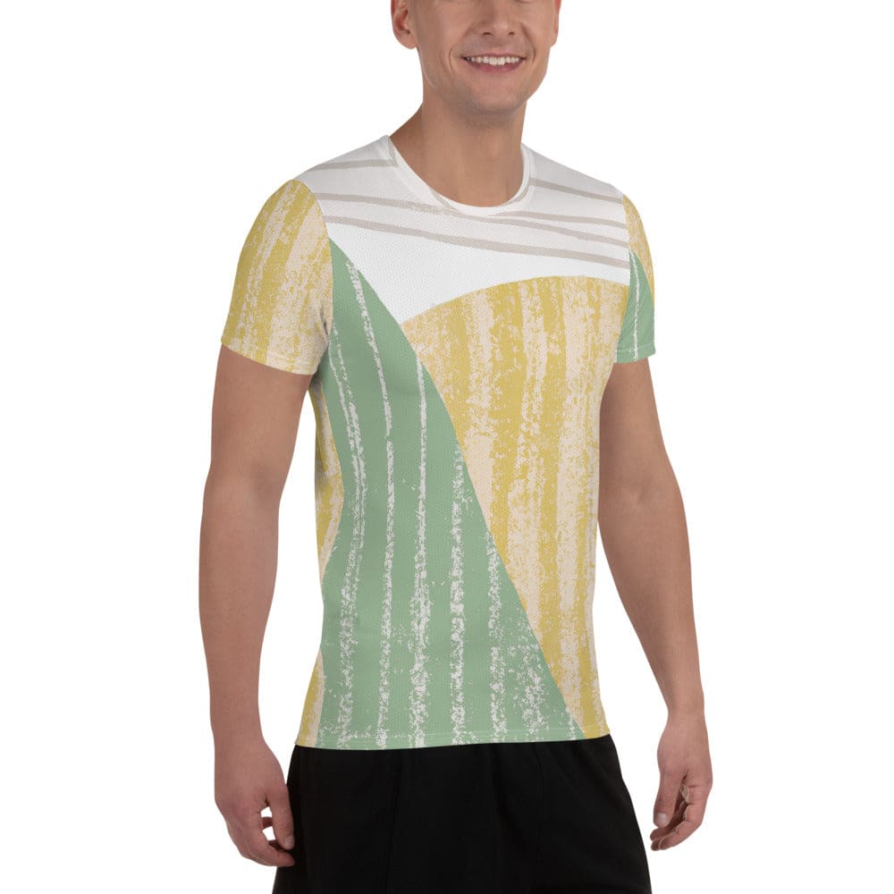 Mens Stretch Fit Athletic Sports T-shirt - Green Textured Boho Pattern