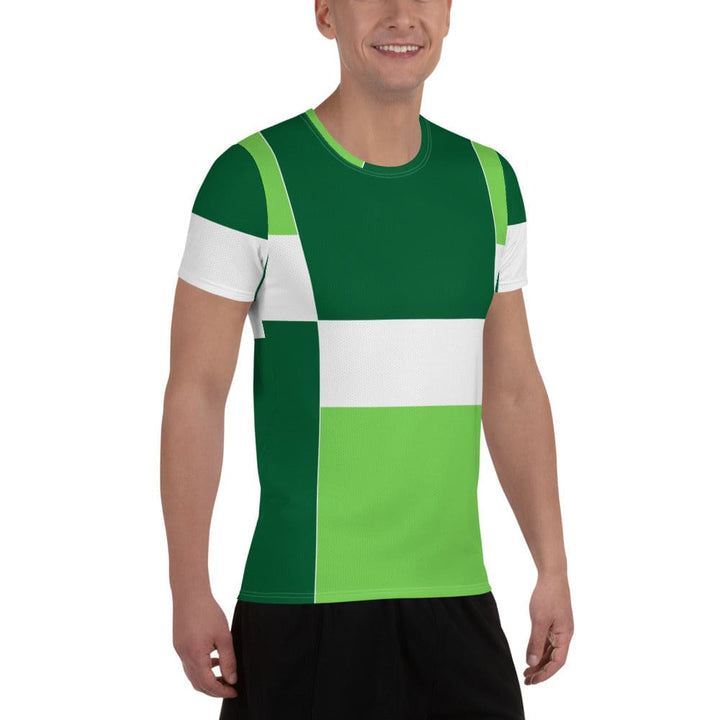 Mens Stretch Fit Athletic Sports T-shirt - Green White Colorblock Grid