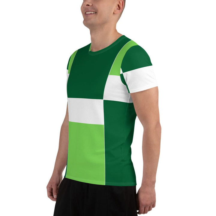 Mens Stretch Fit Athletic Sports T-shirt - Green White Colorblock Grid