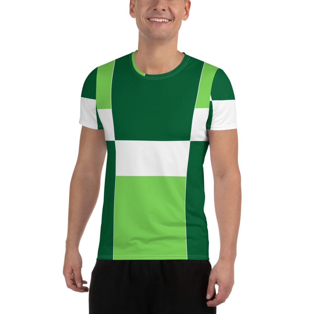 Mens Stretch Fit Athletic Sports T-shirt - Green White Colorblock Grid