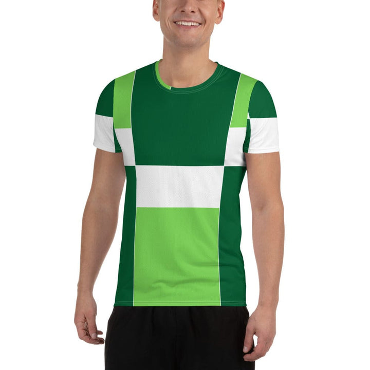 Mens Stretch Fit Athletic Sports T-shirt - Green White Colorblock Grid
