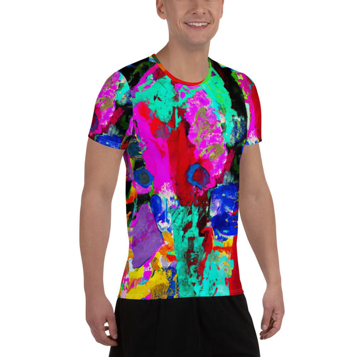 Mens Stretch Fit Athletic Sports T-shirt - Red Multicolor Abstract