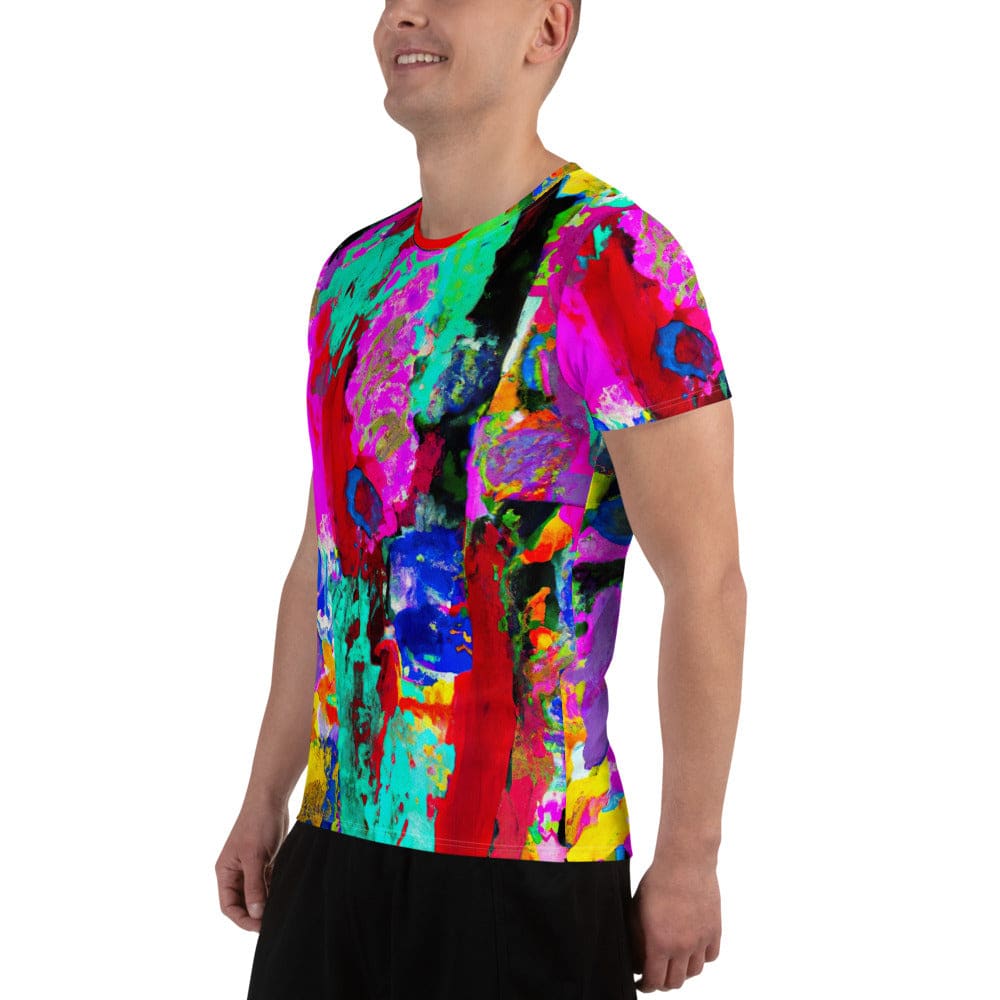 Mens Stretch Fit Athletic Sports T-shirt - Red Multicolor Abstract
