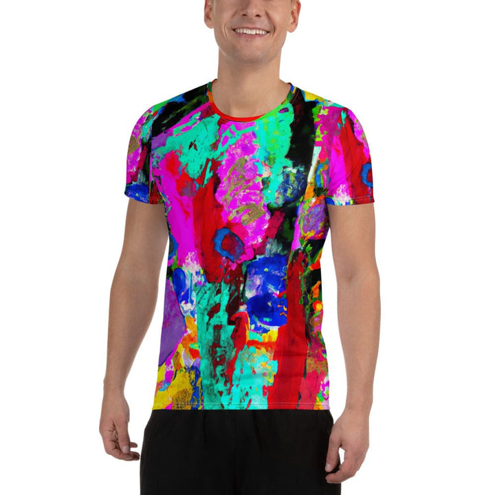 Mens Stretch Fit Athletic Sports T-shirt - Red Multicolor Abstract