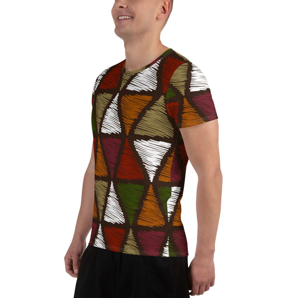 Mens Stretch Fit Athletic Sports T-shirt - Red Green Geometric Lines