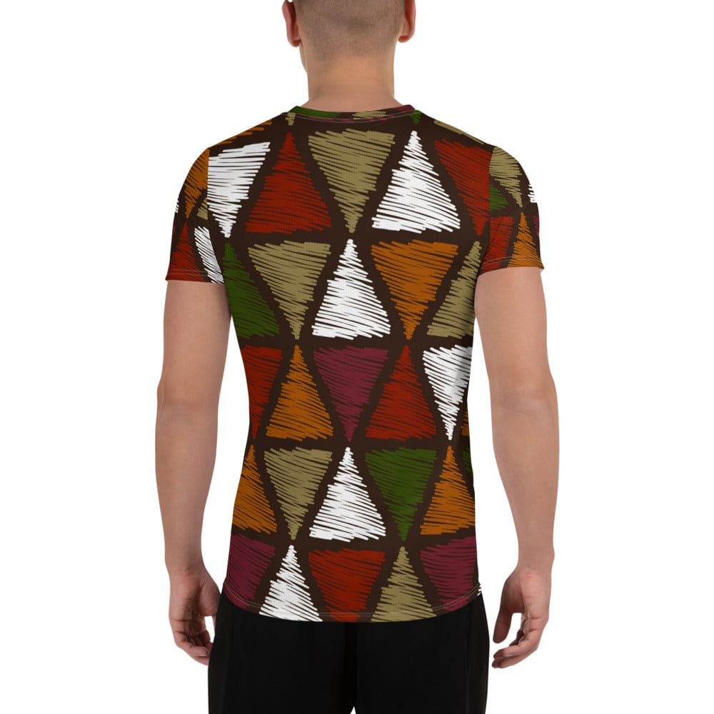 Mens Stretch Fit Athletic Sports T-shirt - Red Green Geometric Lines