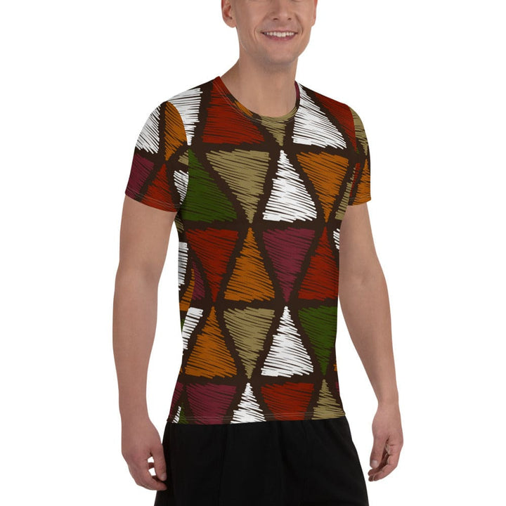 Mens Stretch Fit Athletic Sports T-shirt - Red Green Geometric Lines
