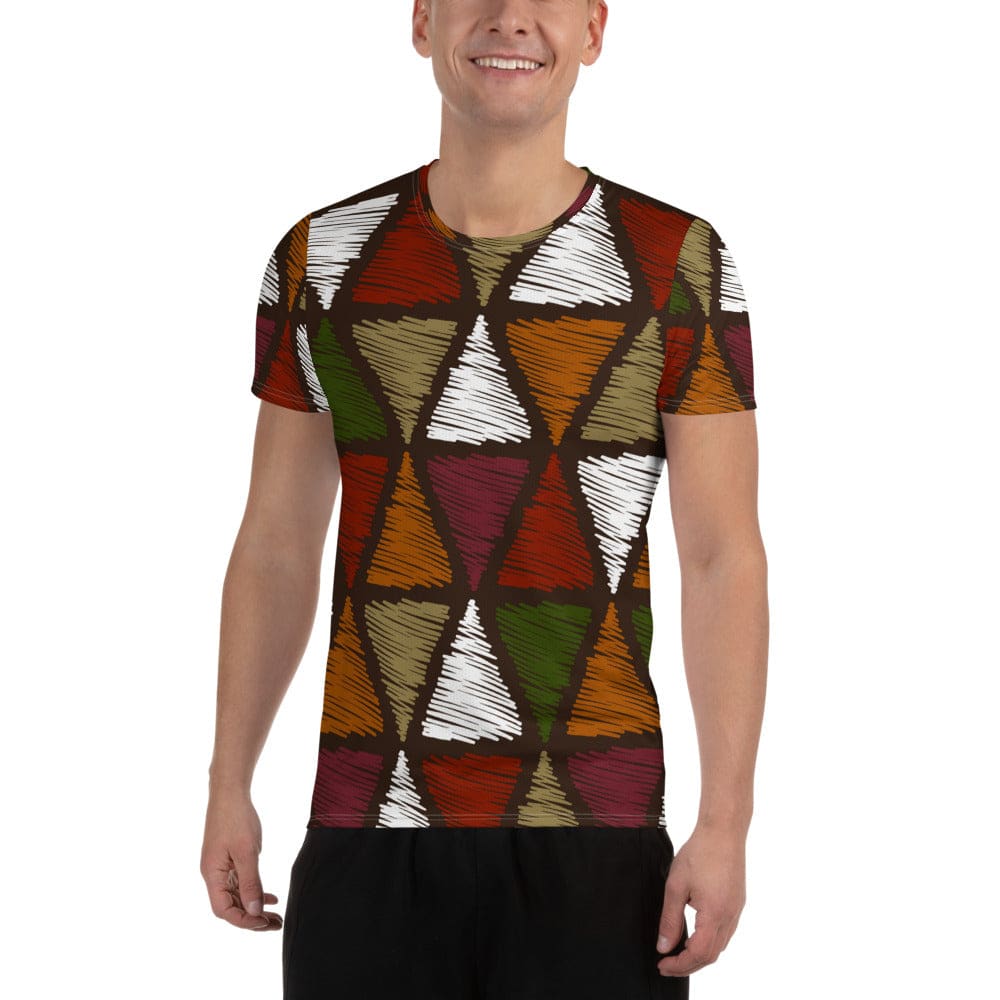 Mens Stretch Fit Athletic Sports T-shirt - Red Green Geometric Lines