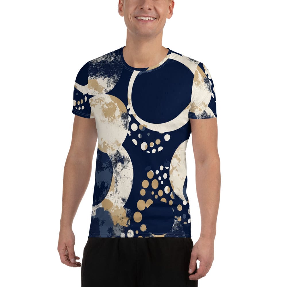Mens Stretch Fit Athletic Sports T-shirt - Blue Beige Spotted Print