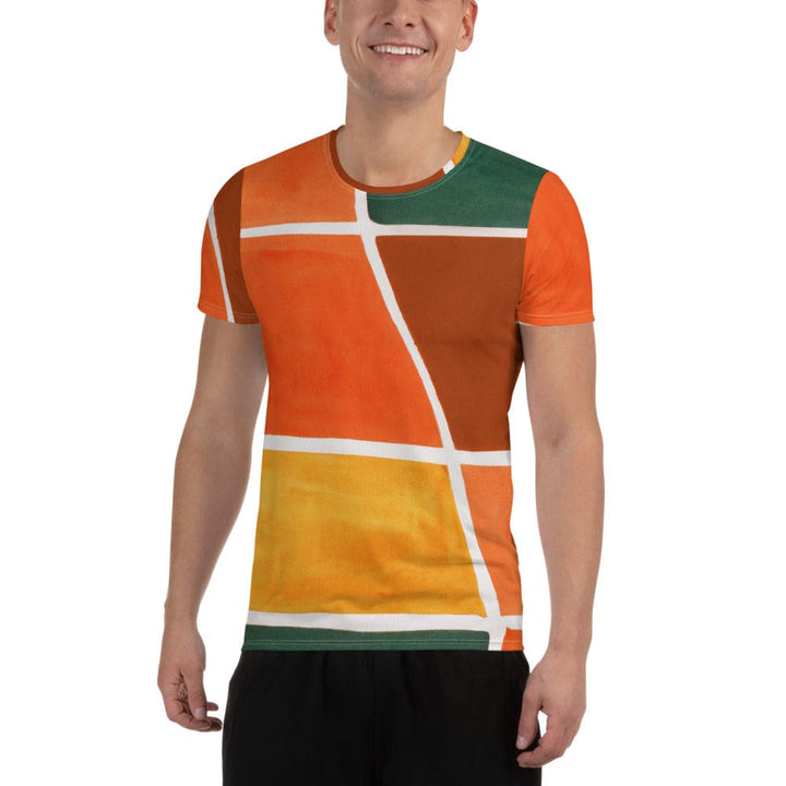 Mens Stretch Fit Athletic Sports T-shirt - Orange Green Boho Pattern