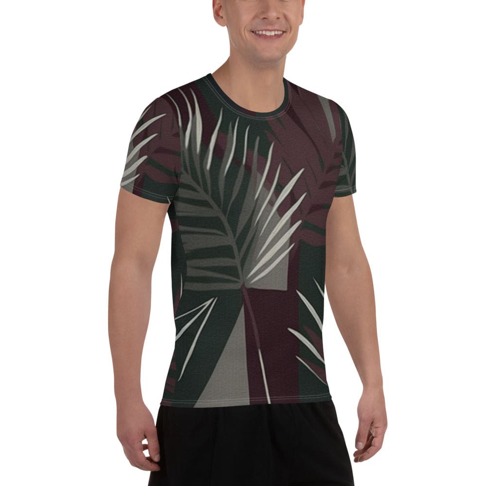 Mens Stretch Fit Athletic Sports T-shirt - Palm Tree Leaves Maroon
