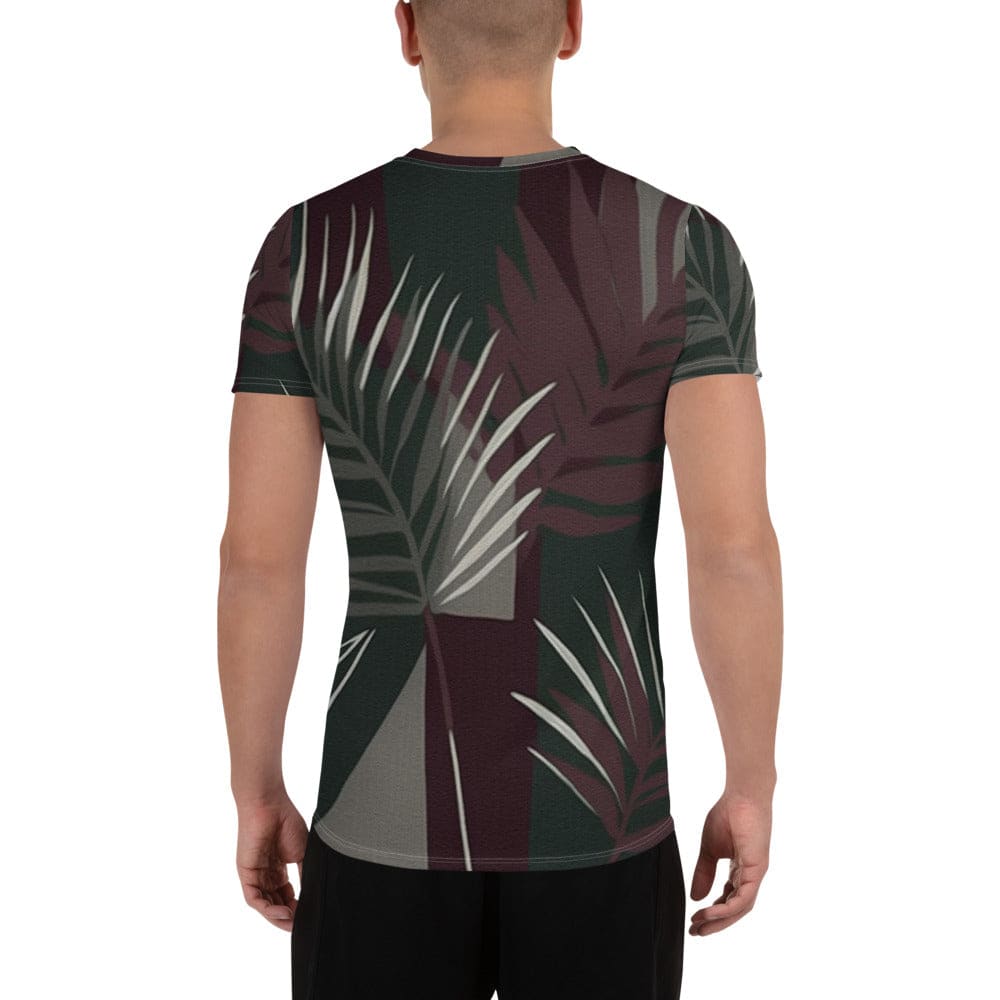 Mens Stretch Fit Athletic Sports T-shirt - Palm Tree Leaves Maroon