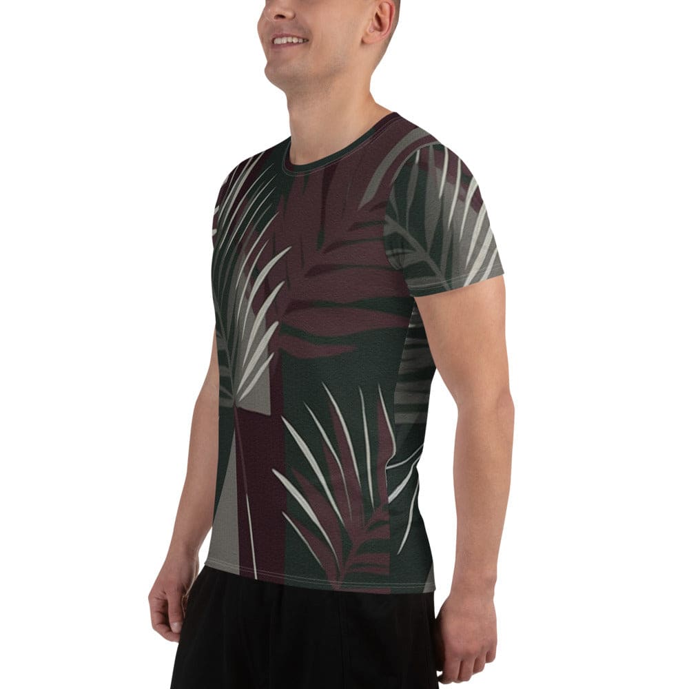 Mens Stretch Fit Athletic Sports T-shirt - Palm Tree Leaves Maroon