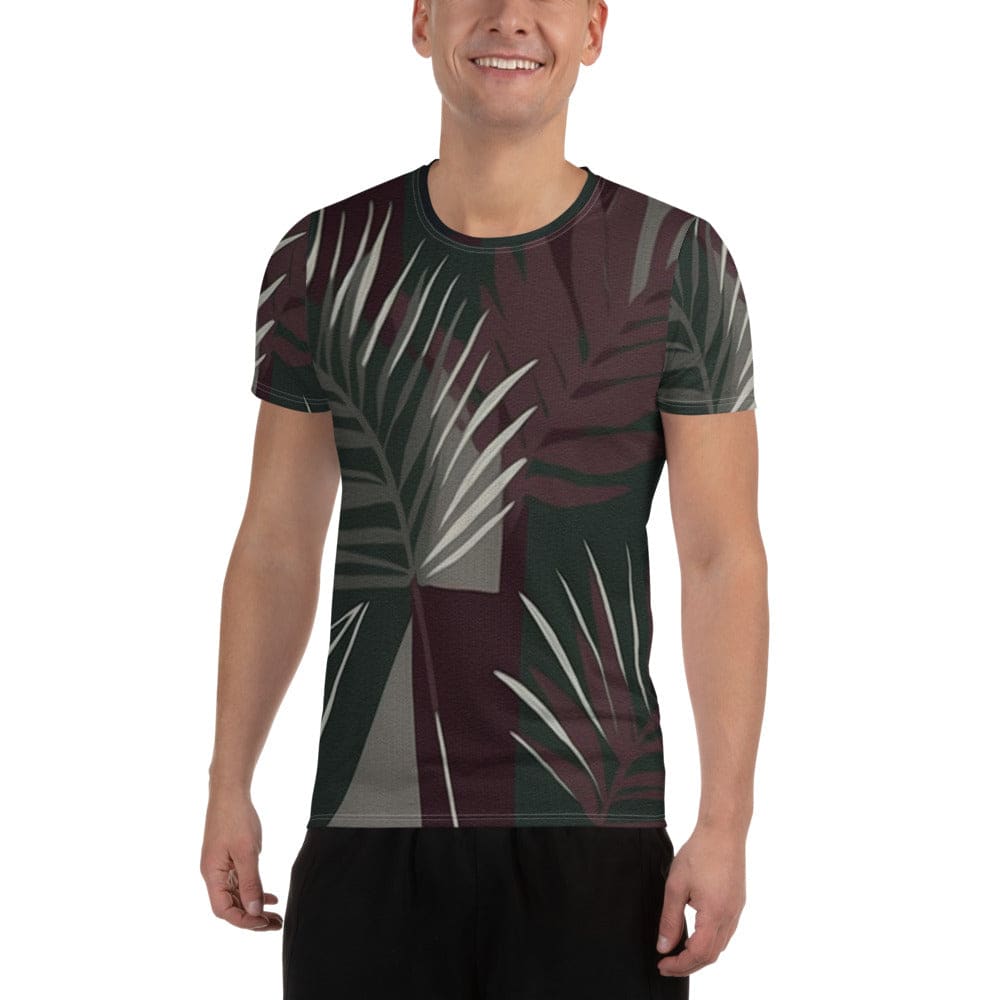 Mens Stretch Fit Athletic Sports T-shirt - Palm Tree Leaves Maroon