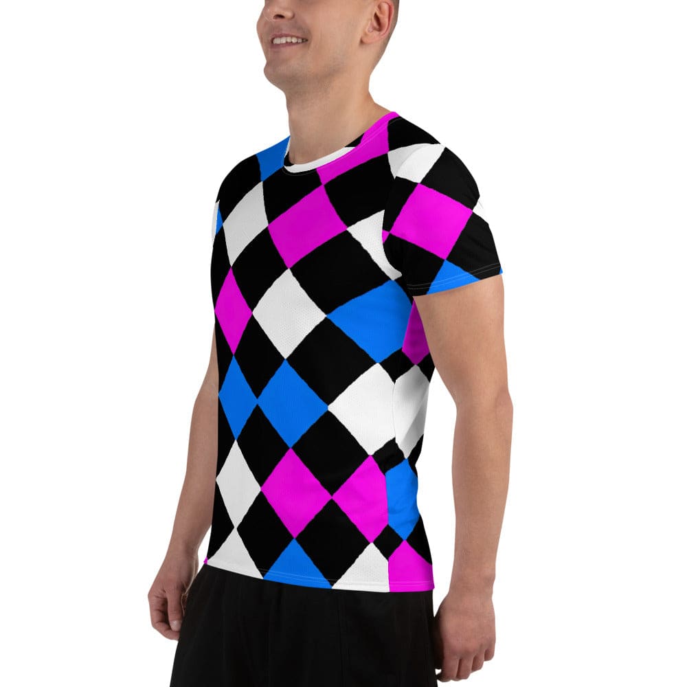 Mens Stretch Fit Athletic Sports T-shirt - Pink Blue Checkered Pattern